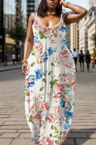 White Purple Floral Print Sleeveless Backless Spaghetti Strap Floor Length Casual Outing Straight Loose Maxi Slip Dress