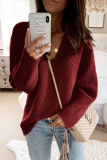 Pink Casual Weave V Neck Long Sleeve Loose Fit Knitted Fall Winter Sweater Tops Blouses