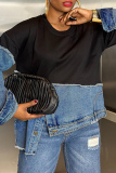Grey Casual Contrast Round Neck Long Sleeve Slit Loose Fit Denim Tops Sweatshirts
