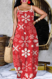 Apricot Christmas Print Sleeveless Backless Spaghetti Strap Floor Length Casual Outing Maxi Slip Dress