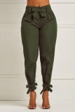Green Casual Pocket High Waist Belted Bow Knot Pencil Trousers Pants