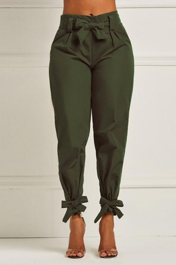 Green Casual Pocket High Waist Belted Bow Knot Pencil Trousers Pants