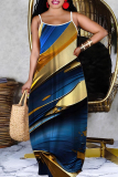 Navy Blue Graphic Print Sleeveless Backless Spaghetti Strap Floor Length Causal Outing Vacation Straight Loose Maxi Dress