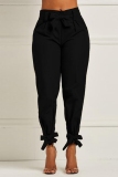 Green Casual Pocket High Waist Belted Bow Knot Pencil Trousers Pants