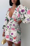 Green Deep V Neck Lantern Sleeve Vacation Casual Outing Bodycon Floral Mini Dress