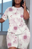 Yellow Casual Floral Print Round Neck Short Sleeve T-shirt and Skinny Shorts Two Pieces Matching Sets