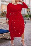 Red Party Club Formal Bodycorn Casual Beading Round Neck Ruffled Hem Long Sleeve Slit Plus Size Long Dresses