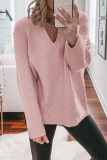 Pink Casual Weave V Neck Long Sleeve Loose Fit Knitted Fall Winter Sweater Tops Blouses