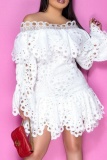 White Casual Eyelet Cut Out Off Shoulder Ruffle Scalloped Hem Long Flare Sleeve Flounced Layered Summer Party Mini Dresses