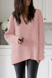 Pink Casual Weave V Neck Long Sleeve Loose Fit Knitted Fall Winter Sweater Tops Blouses