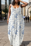 White Purple Floral Print Sleeveless Backless Spaghetti Strap Floor Length Casual Outing Straight Loose Maxi Slip Dress