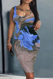 Blue Orange Graphic Print Sleeveless Backless U Neck Casual Outing Fitted Vest Midi Dress