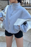 Apricot Casual Street Colorblock Zipper Contrast Mandarin Collar Long Sleeve Outerwear Fall Winter Short Jackets Coats