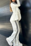 Black Offcie Lady Business Casual Turn-back Collar Long Sleeve Blazer and Stripe Slit Wide Leg Pants Two Pieces Matching Sets