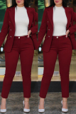 Rose Red Office Lady Busniess Pants Turn-back Collar Long Sleeve Blazer and Tapered Pants Two Pieces Suit Sets