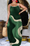 Navy Blue Graphic Print Sleeveless Backless Spaghetti Strap Floor Length Causal Outing Vacation Straight Loose Maxi Dress