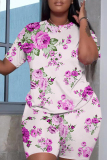 Pink Casual Butterfly Floral Print Round Neck Short Sleeve T-shirt and Skinny Shorts Two Pieces Matching Sets