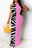 Pink Striped Sleeveless O Neck Floor Length Causal Outing Halter Bocycon Maxi Dress
