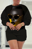 Brown Casual Figure Print Round Neck Long Sleeve Seatshirts and Shorts Two Pieces Matching Sets