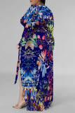 Blue Floral Print V Neck Long Sleeve Lace Up Side Slit Casual Outing Vacation Plus Size Loose Maxi Dress