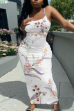 Rose Red Floral Print Sleeveless Backless Spaghetti Strap Casual Outing Vacation Bodycon Cami Maxi Dress