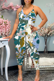 Tangerine Vacation Loose Sexy Casual Floral Print Backless Spaghetti Strap Cami Jumpsuits