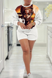 Brown Casual Figure Print Round Neck Long Sleeve Seatshirts and Shorts Two Pieces Matching Sets