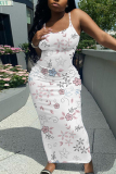 White Apricot Floral Print Sleeveless Backless Spaghetti Strap Casual Outing Vacation Bodycon Cami Maxi Dress