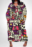 Black Red National Totem Print V Neck Long Sleeve Pocket Casual Street Loose Maxi Dress