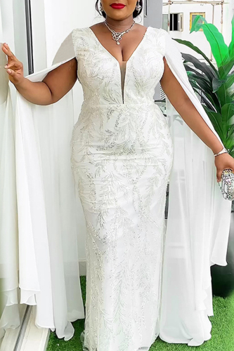 Dark Blue Sequin Embellished Evening Gown with Cape Sleeves Formal Deep V Neck Bodycon Maxi Wedding Guest Dress
