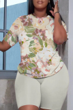 Multicolor Floral Graphic Print O Neck Short Sleeve Oversized T Shirt and Shorts Casual Outing Elastic Waist Plus Size Two Piece Short Set