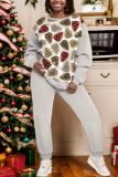 Red Christmas Casual Print Round Neck Long Sleeve Sweatshirts and Pants Two Pieces Matching Sets