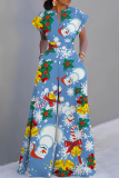 Sky Blue Christmas Casual Print V Neck Short Sleeve Wide Leg Jumpsuits