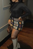 Black Casual Bodycon Turtleneck Long Sleeve Tops and Colorblock Mini Skirts Two Pieces Matching Sets