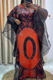 Black Tie-Dye Sheer Flowy Cape-Like Sleeves Round Neck Loose Fit Casual Gathering Kaftan Maxi Dress