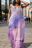 Grey Graphic Floral Print Sleeveless Backless Spaghetti Strap Floor Length Casual Outing Vacation Straight Loose Maxi Slip Dress