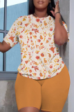 Multicolor Floral Graphic Print O Neck Short Sleeve Oversized T Shirt and Shorts Casual Outing Elastic Waist Plus Size Two Piece Short Set
