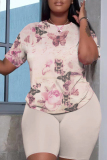 Grey Casual Floral Print Round Neck Short Sleeve T-shirt and Skinny Shorts Two Pieces Matching Sets
