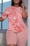 Grey Casual Floral Print Round Neck Short Sleeve T-shirt and Skinny Shorts Two Pieces Matching Sets