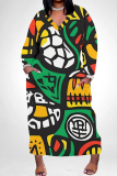 Black Red National Totem Print V Neck Long Sleeve Pocket Casual Street Loose Maxi Dress