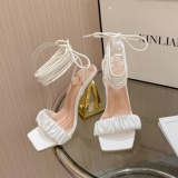 White Pu Party Crossed Strap Belted Square Toe Out Door Shoes High Heeled Thong Sandals (Heel Height 4.72in)
