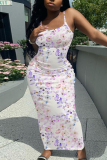White Apricot Floral Print Sleeveless Backless Spaghetti Strap Casual Outing Vacation Bodycon Cami Maxi Dress
