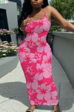 Rose Red Floral Print Sleeveless Backless Spaghetti Strap Casual Outing Vacation Bodycon Cami Maxi Dress