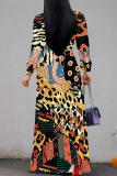 Multicolor Geometric Leopard Print Deep V Neck Long Sleeve Lace Up Casual Outing Vacation Loose Maxi Dress