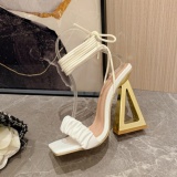 White Pu Party Crossed Strap Belted Square Toe Out Door Shoes High Heeled Thong Sandals (Heel Height 4.72in)