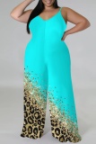 Light Blue Graphic Print Sleeveless Backless Spaghetti Strap Casual Outing Plus Size Cami Wide Leg Jumpsuit