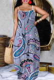 Blue Graphic Floral Print Sleeveless Backless Spaghetti Strap Floor Length Casual Outing Vacation Straight Loose Maxi Slip Dress