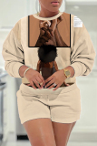 Brown Casual Figure Print Round Neck Long Sleeve Seatshirts and Shorts Two Pieces Matching Sets