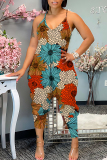 Tangerine Vacation Loose Sexy Casual Floral Print Backless Spaghetti Strap Cami Jumpsuits