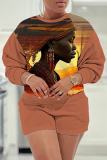 Brown Casual Figure Print Round Neck Long Sleeve Seatshirts and Shorts Two Pieces Matching Sets